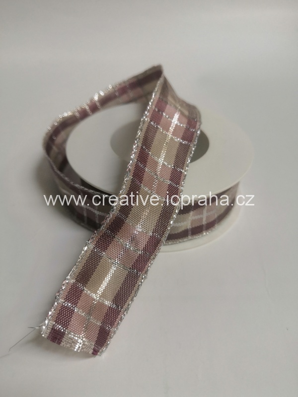 stuha-drátek-fialovostříbrné káro 25mm 